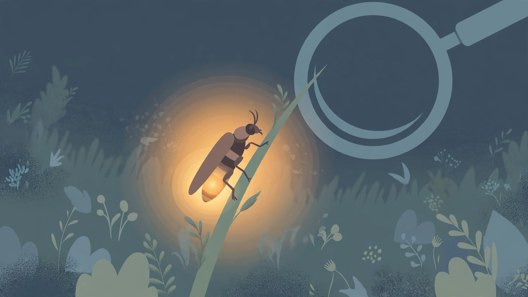 Stylised illustration of a glowing firefly on a grass blade