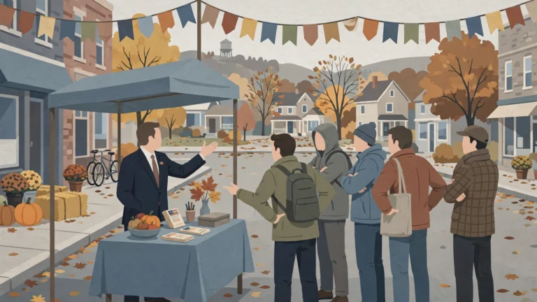 Illustration of a representative talking with voters at an autumn street festival stall