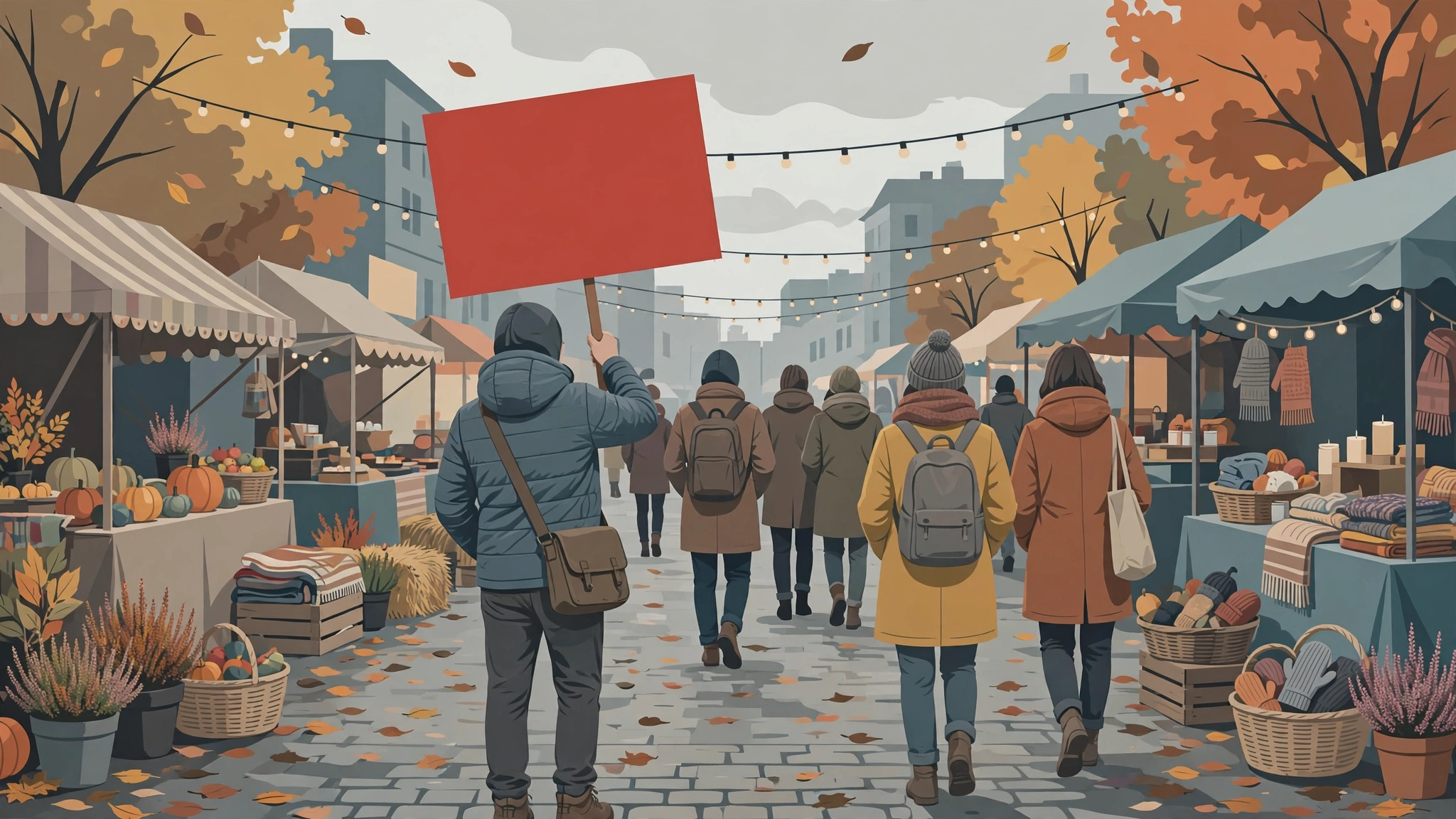 Illustration of a voter holding a blank red sign at an autumn street festival
