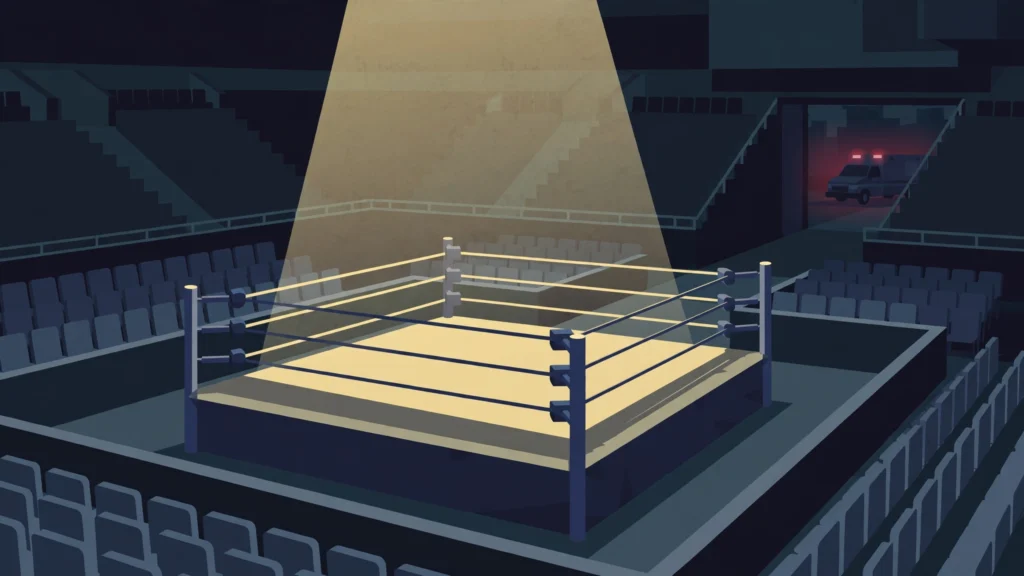 Editorial illustration of an empty wrestling ring under a spotlight with an ambulance in the distance
