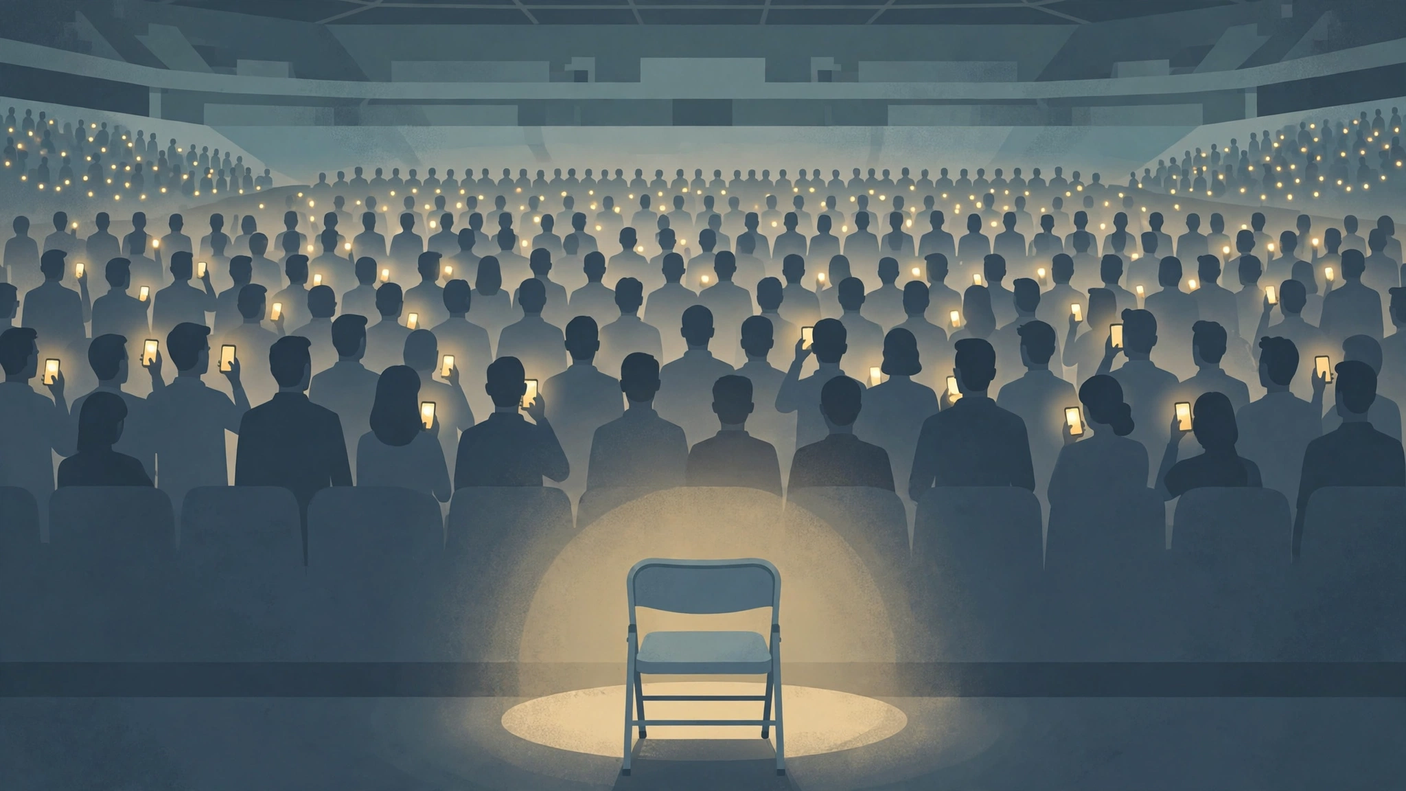 Editorial illustration of an anonymous crowd holding glowing phones around an empty spotlighted chair