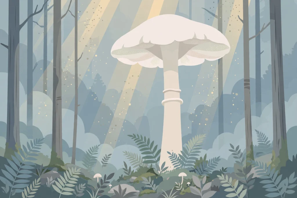 Editorial illustration of a towering fungus in a misty forest