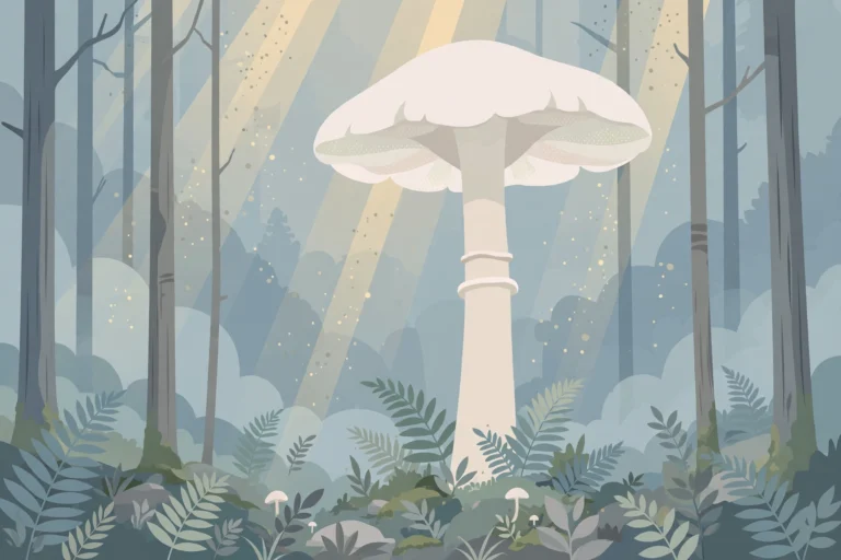 Editorial illustration of a towering fungus in a misty forest
