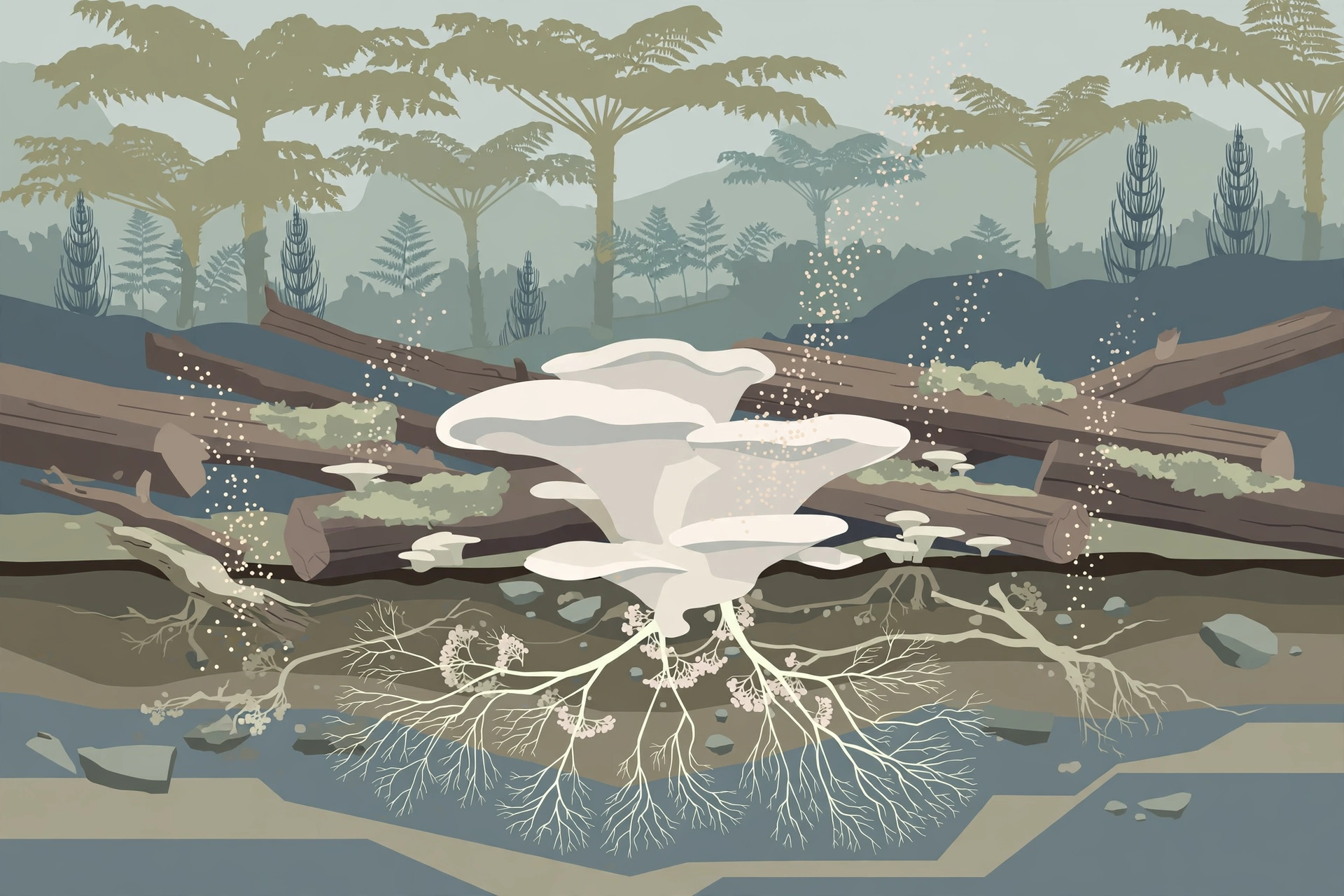 Editorial illustration of a prehistoric forest with a giant fungus among fallen trees