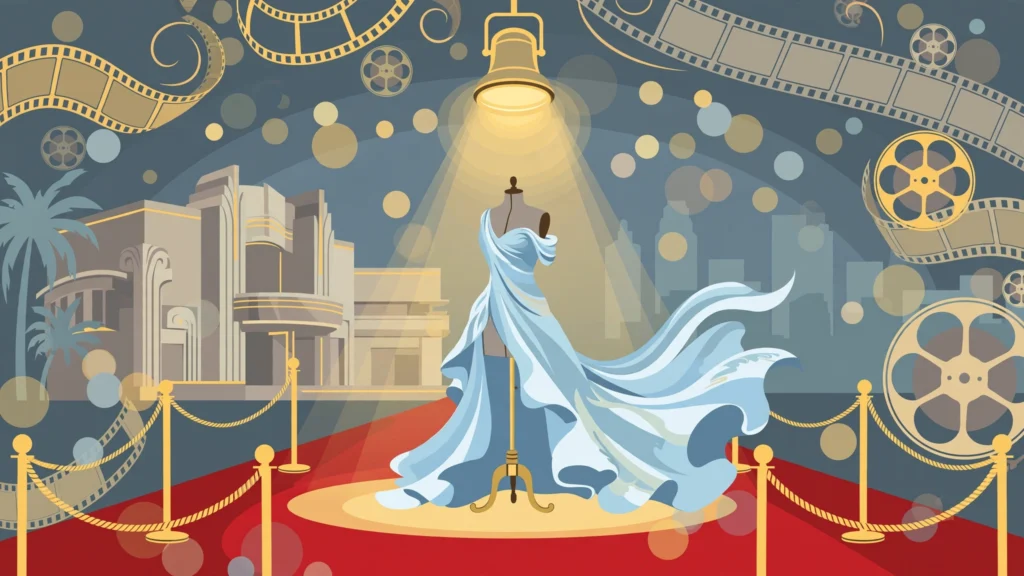 Editorial illustration of an ice-blue evening gown on a dress form on a red carpet