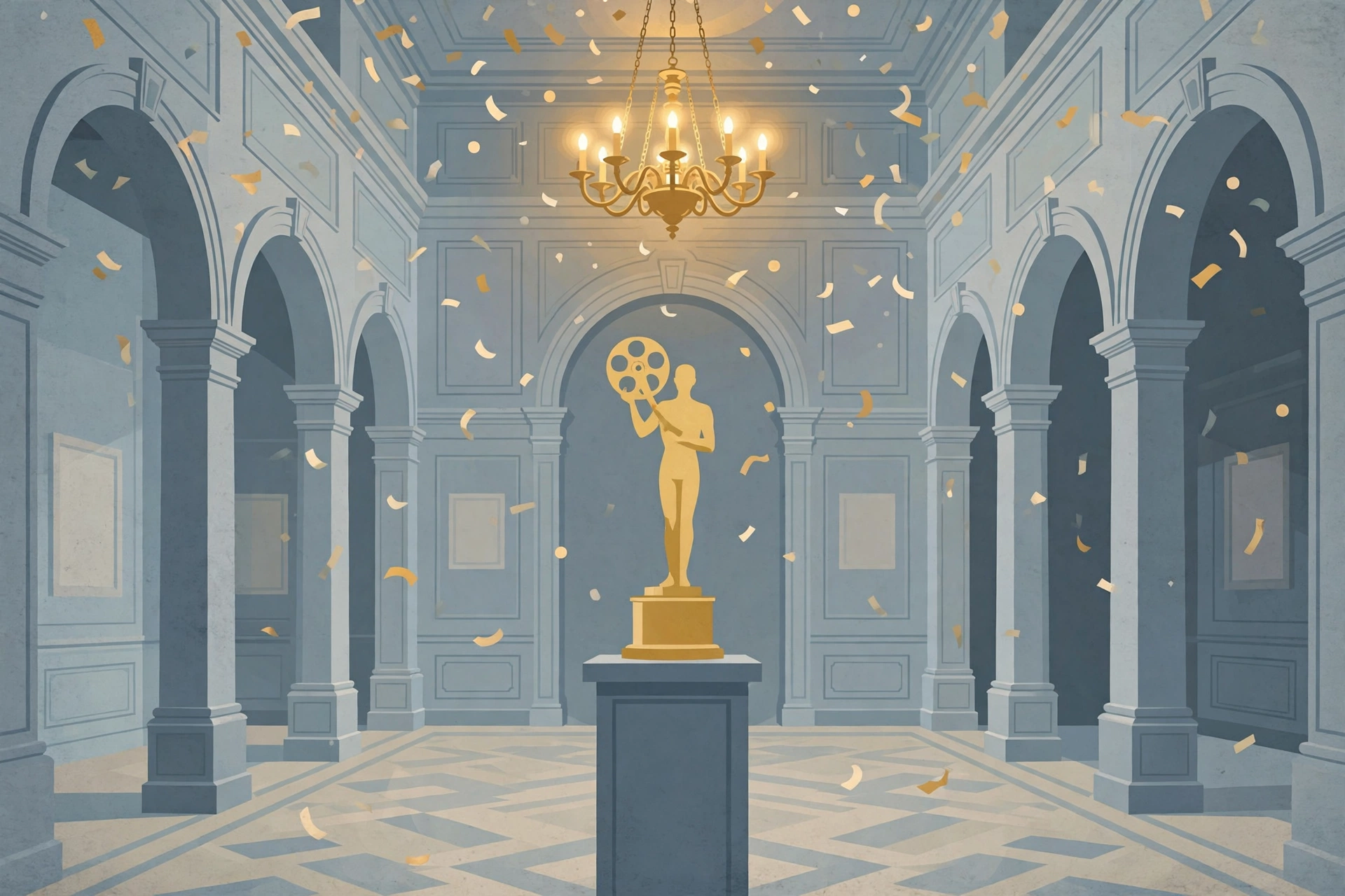 Editorial illustration of a golden film award statuette in a museum hall