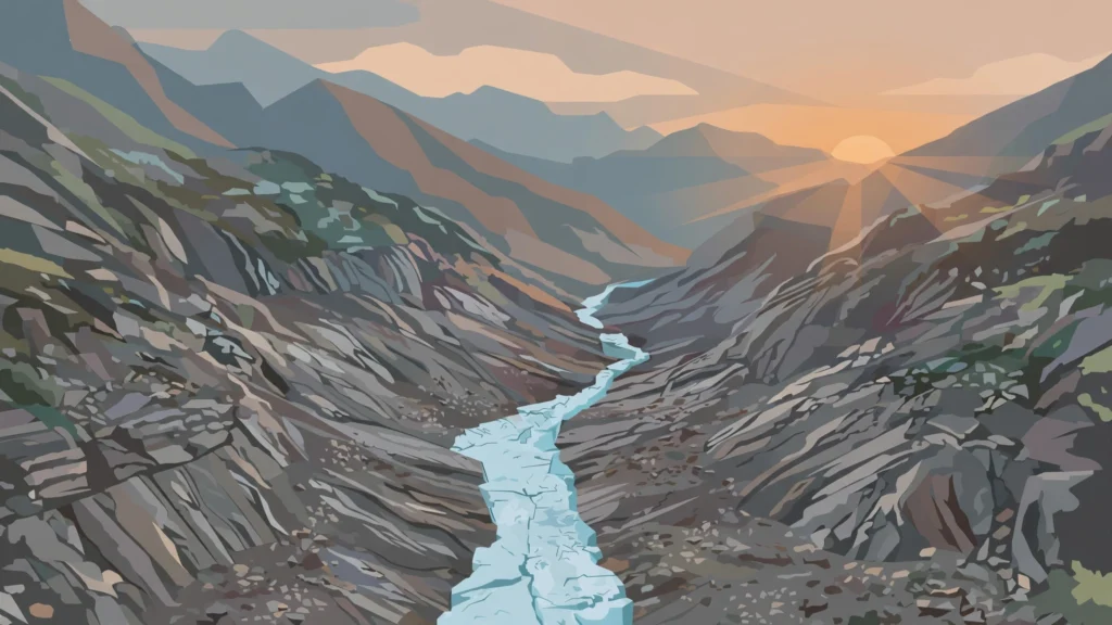 Editorial illustration of a mountain valley with exposed rock and a thin strip of remaining ice