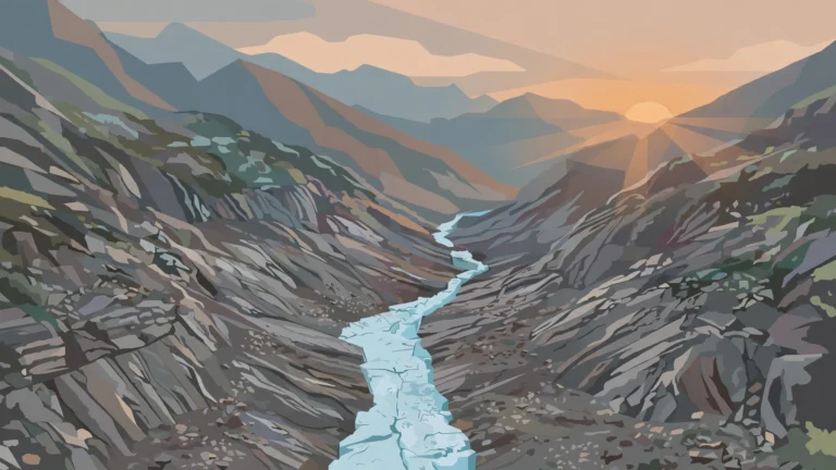Editorial illustration of a mountain valley with exposed rock and a thin strip of remaining ice