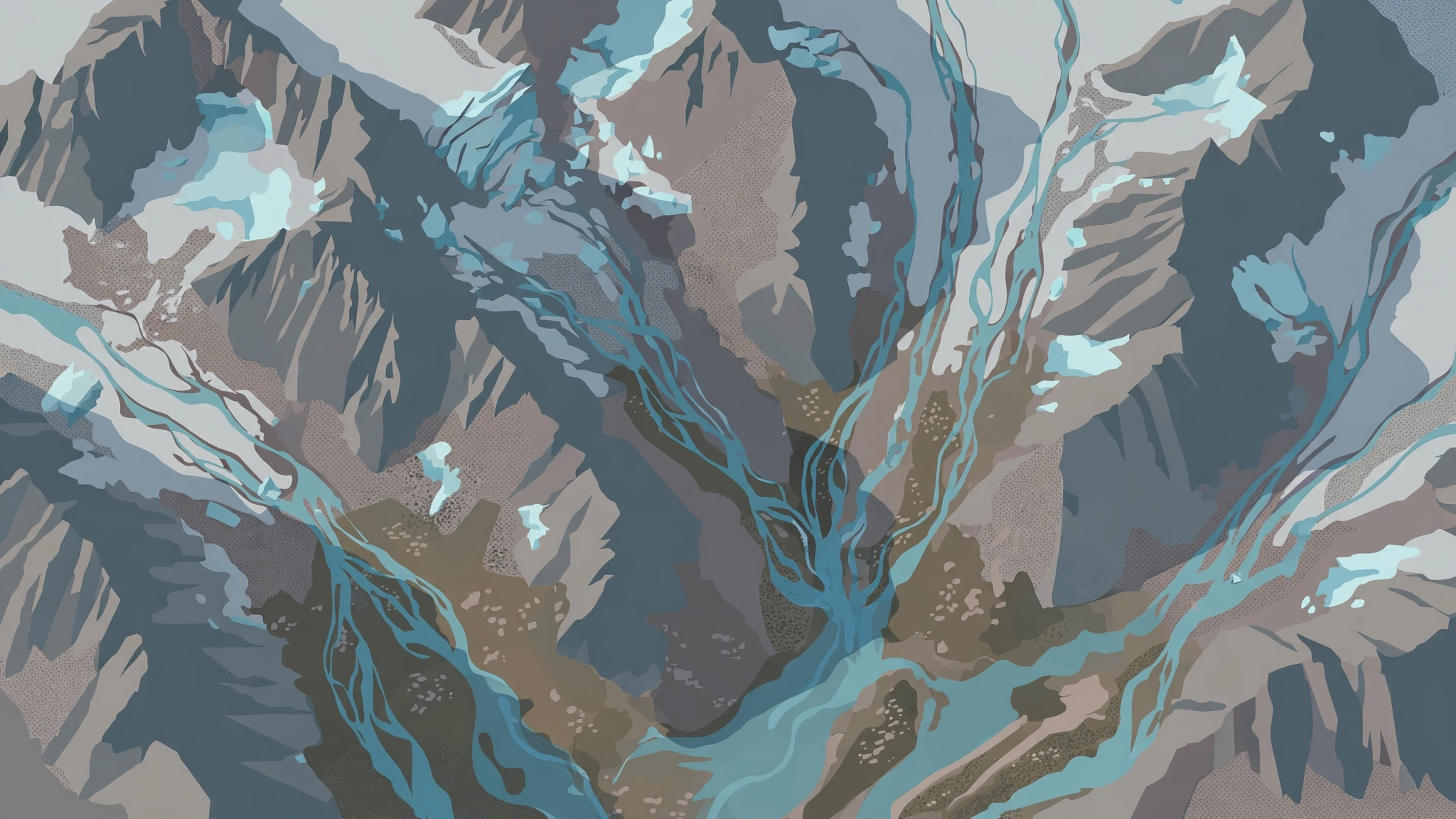 Editorial illustration of an aerial view of mountains with melting ice patches and meltwater streams