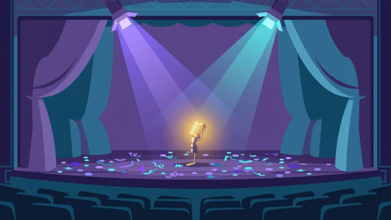 Editorial illustration of an empty theatre stage with a glowing vintage microphone and confetti