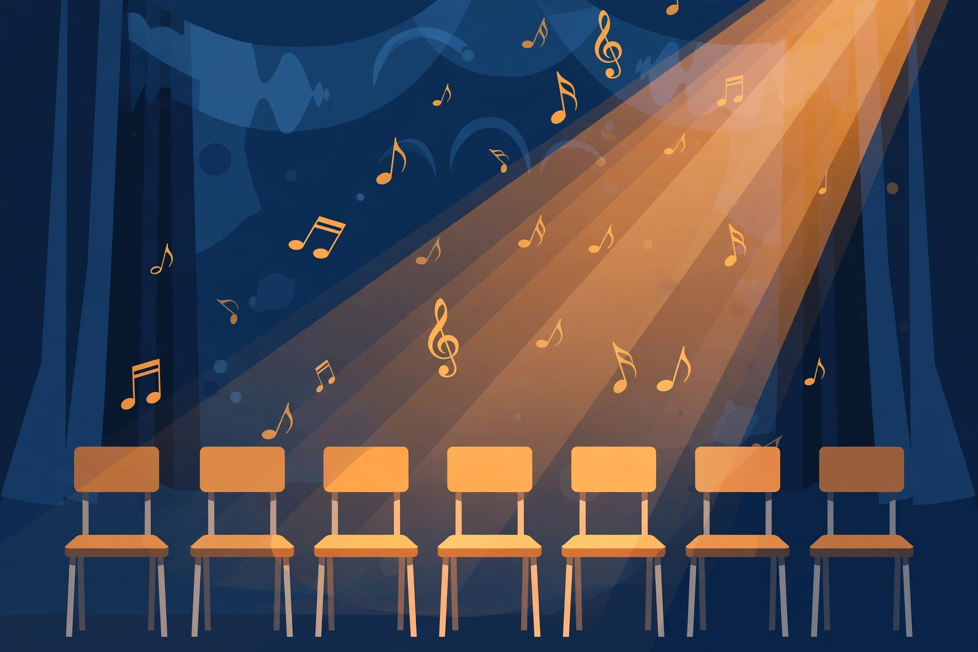 Illustration of empty choir chairs under a spotlight with floating music notes