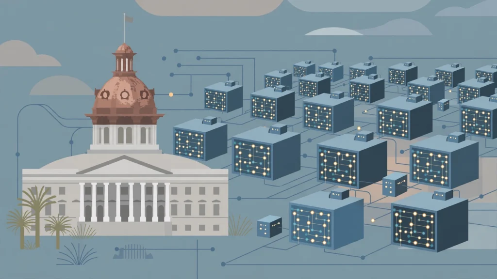 Illustration of a state capitol building beside rows of data center buildings