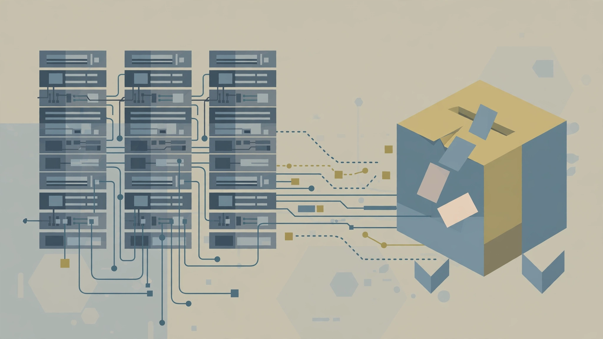 Illustration of server racks connected to a ballot box