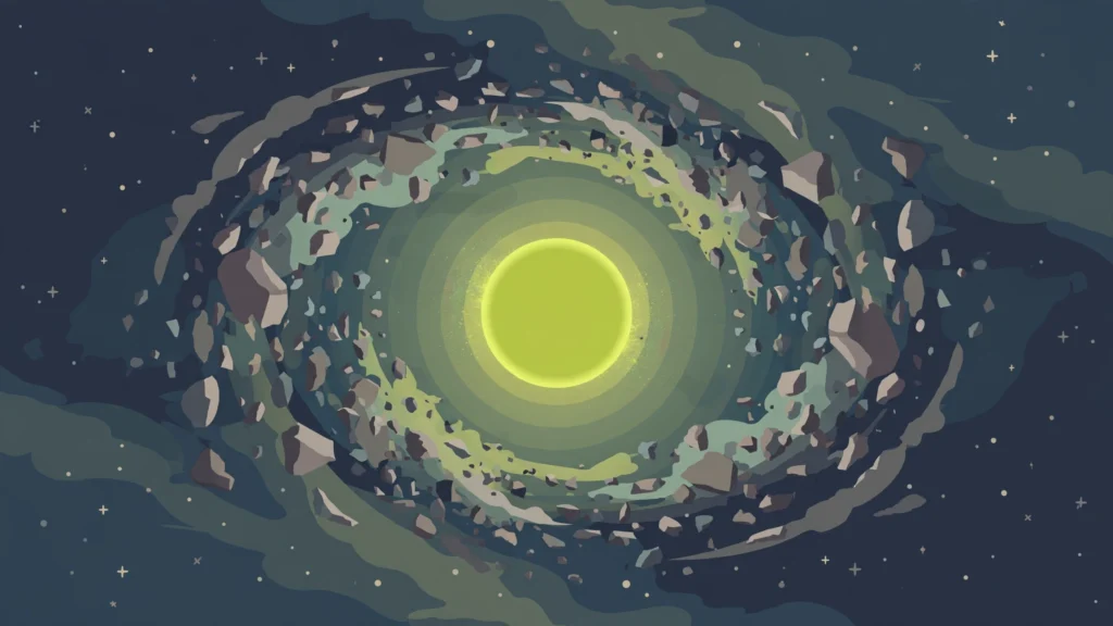 Editorial illustration of a glowing green star surrounded by swirling planetary debris