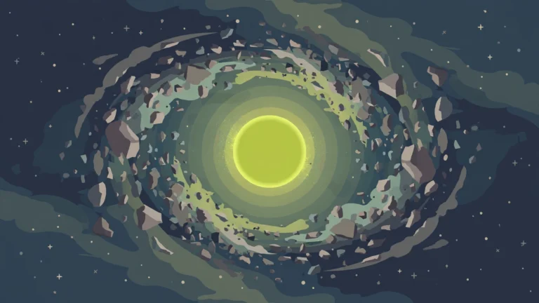 Editorial illustration of a glowing green star surrounded by swirling planetary debris