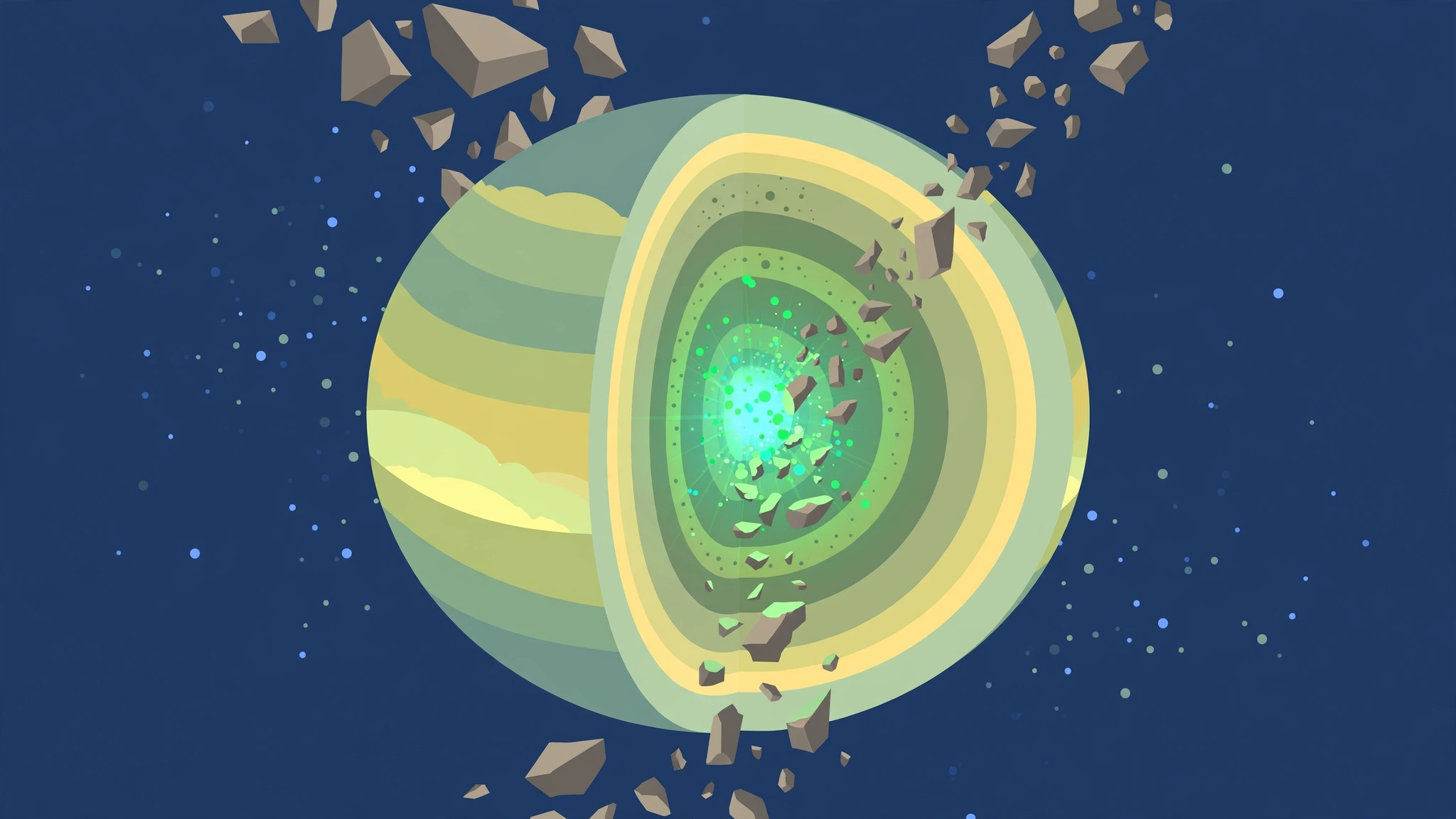 Editorial illustration of a white dwarf star glowing green as planet debris falls into it