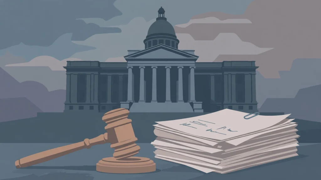 Editorial illustration of a gavel and legal documents in front of a courthouse