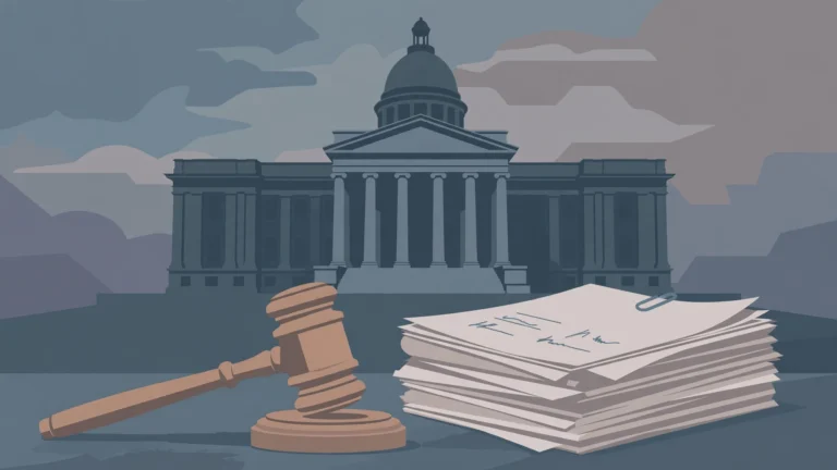Editorial illustration of a gavel and legal documents in front of a courthouse