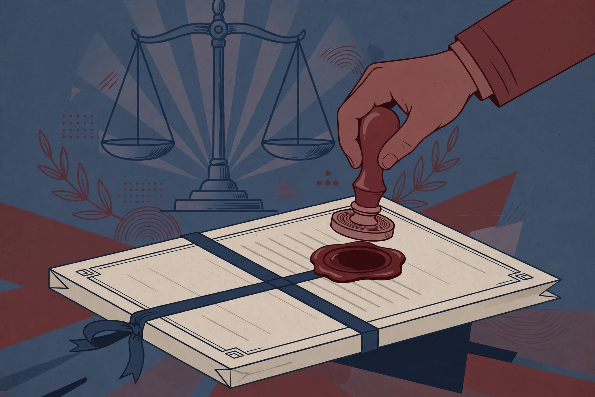 Editorial illustration of a wax seal being pressed onto an official document