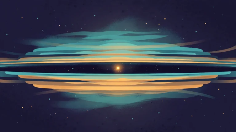 Editorial illustration of an edge-on protoplanetary disk with layered gas bands