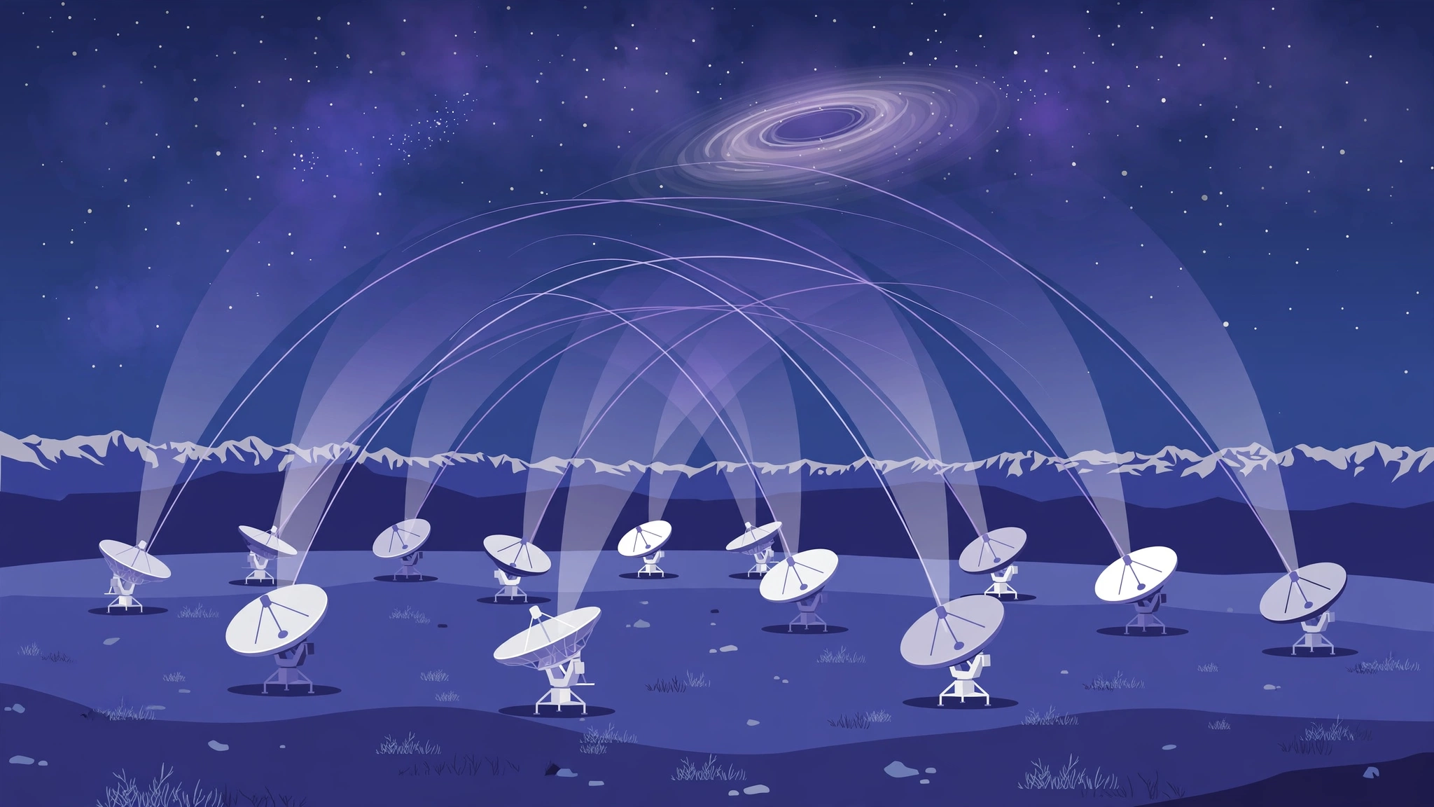 Illustration of the ALMA radio telescope array under a starry night sky