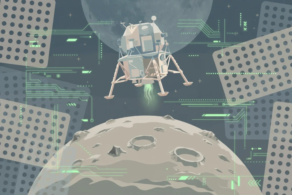 Editorial illustration of a lunar module descending toward the moon amid stylised computer circuit motifs