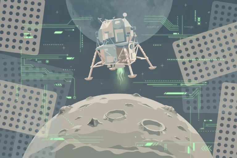 Editorial illustration of a lunar module descending toward the moon amid stylised computer circuit motifs