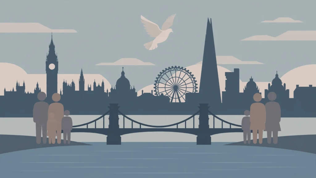 Editorial illustration of London skyline with a bridge between two family silhouettes