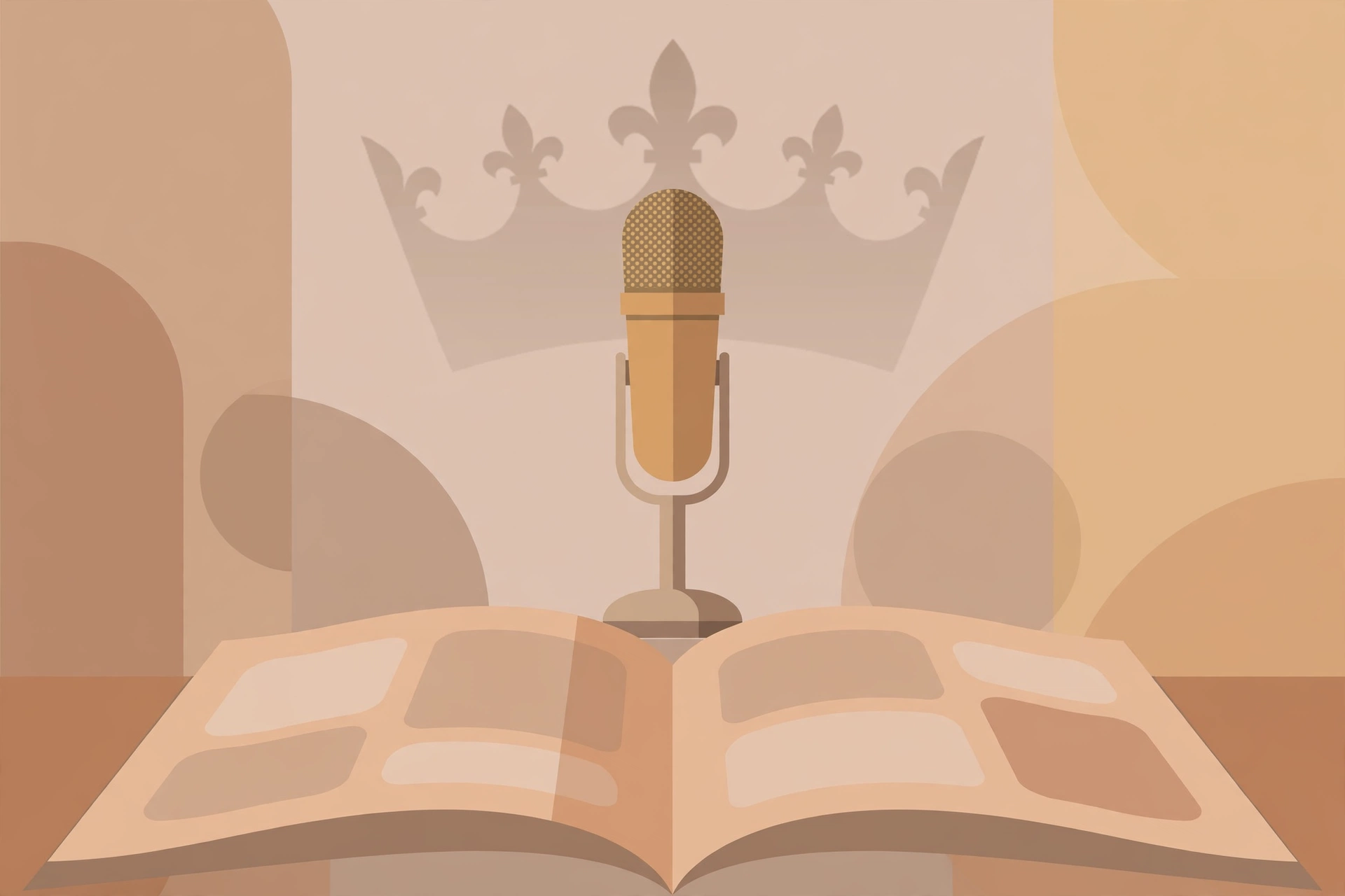 Editorial illustration of a microphone, crown silhouette and open magazine