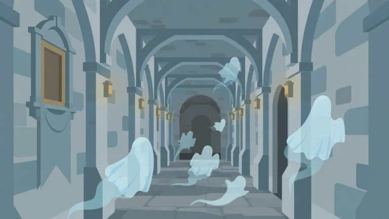 Illustration of ghosts drifting through a stone castle corridor