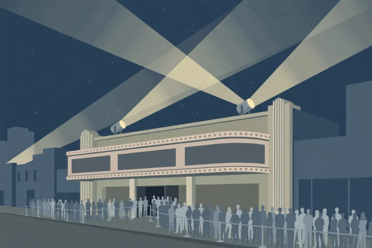 Editorial illustration of a cinema marquee with searchlights and a crowd of silhouettes queuing outside