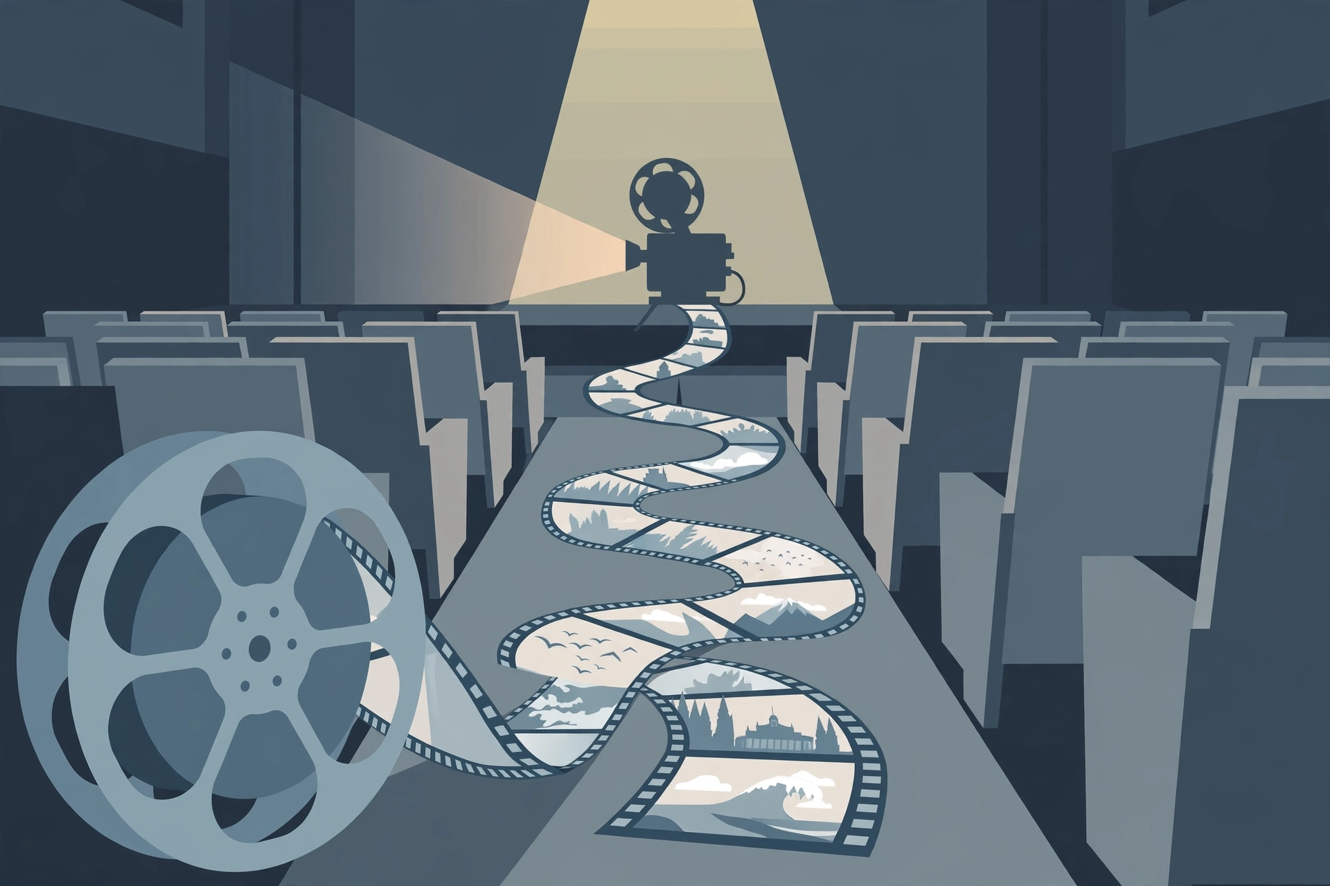 Editorial illustration of a film reel unspooling frames across a theater aisle under a projector light