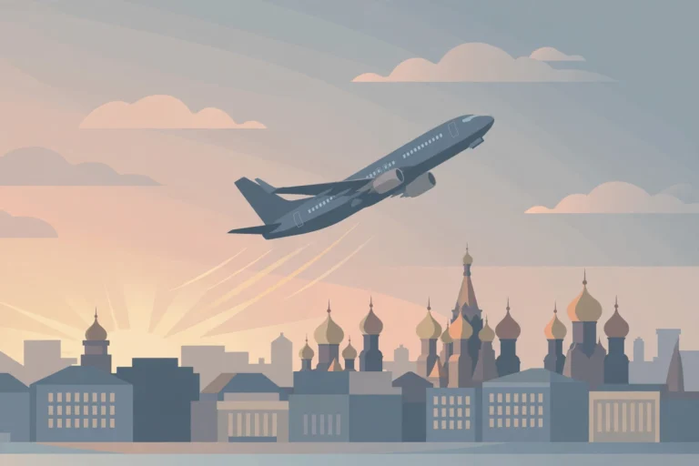 Editorial illustration of a passenger plane taking off over a city with onion-dome rooftops at dawn