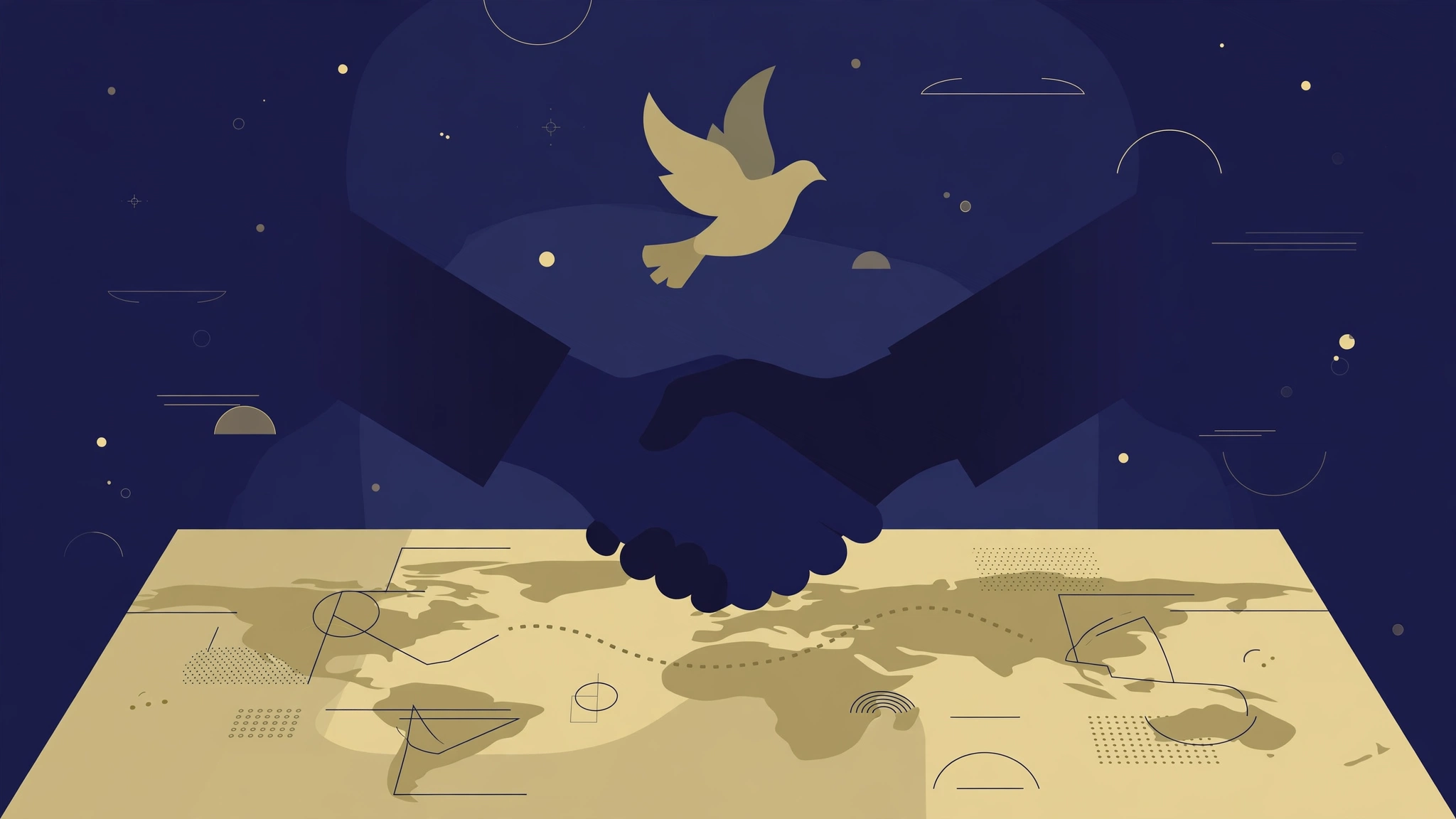 Illustration of a diplomatic handshake over a map with a dove in flight