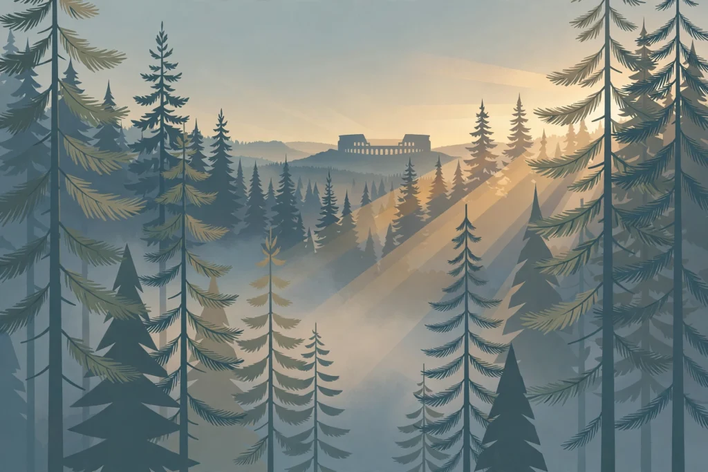 Illustration of a forest arena at dawn
