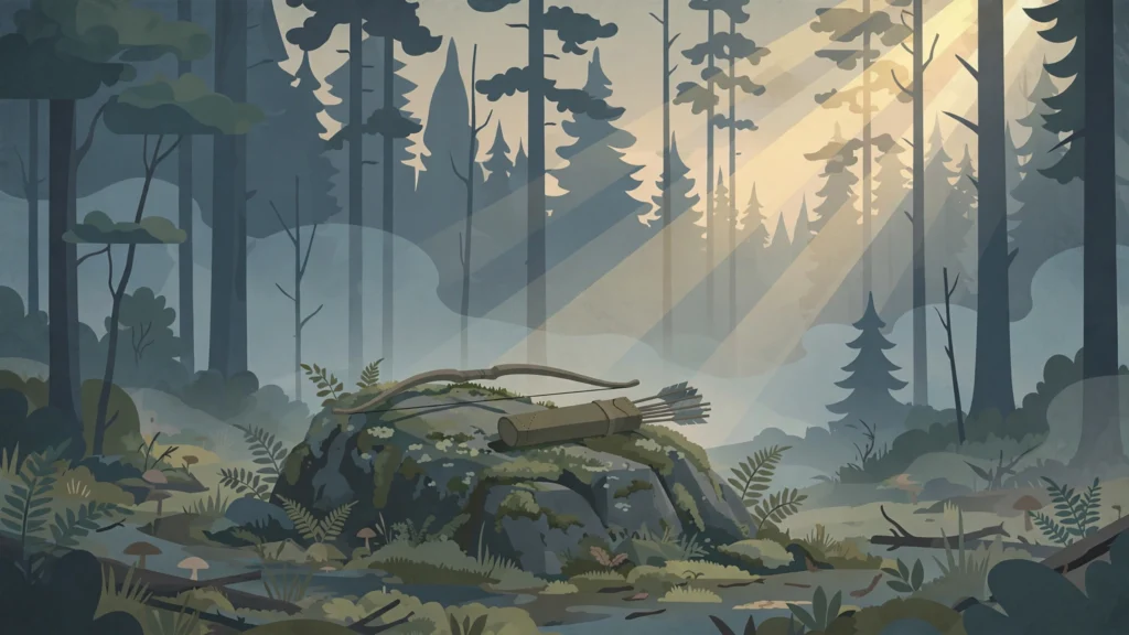 Illustration of a bow and quiver resting on a mossy rock in a forest clearing
