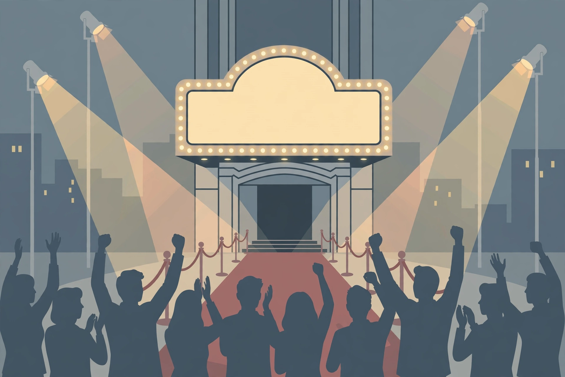 Illustration of a cinema premiere with spotlights and a red carpet