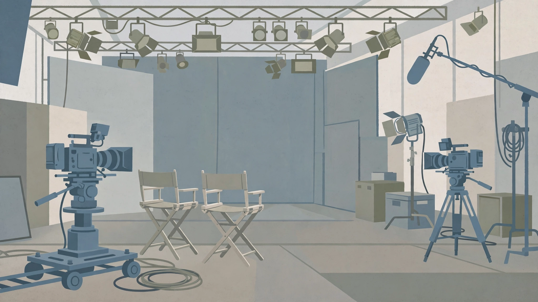 Illustration of an empty film set with cameras and director chairs