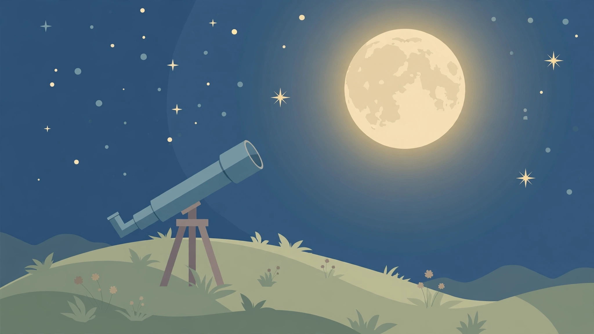 Stylised illustration of a telescope on a hilltop pointed at a full moon