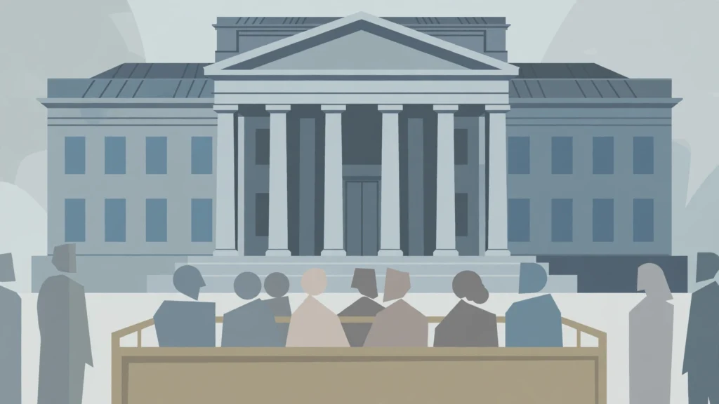 Flat editorial illustration of a courthouse with a jury box in front