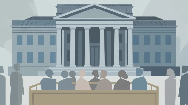 Flat editorial illustration of a courthouse with a jury box in front