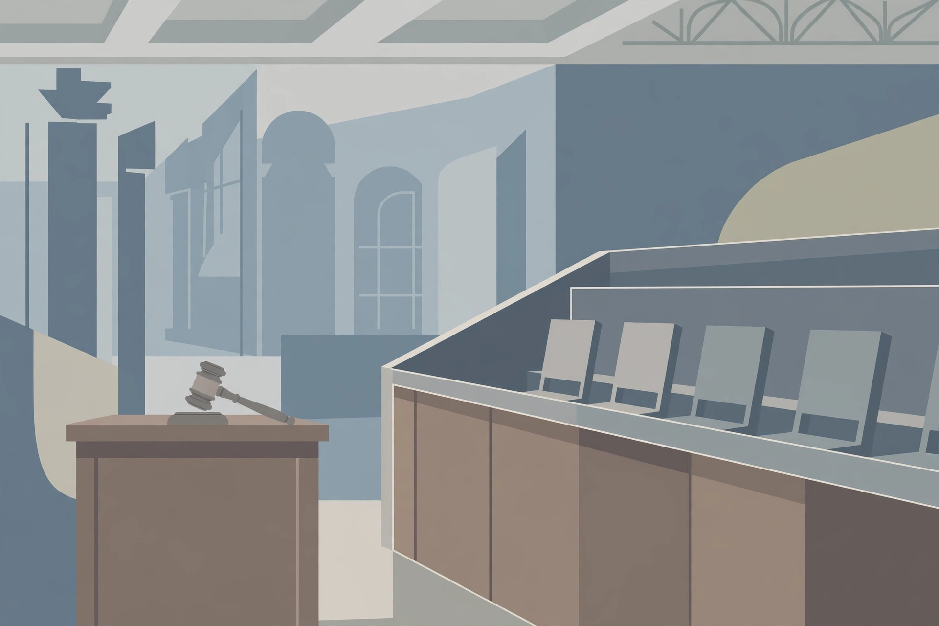 Flat editorial illustration of an empty courtroom jury box and gavel