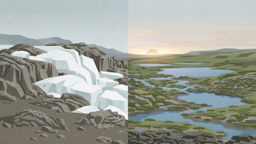 Editorial illustration contrasting a growing glacier with a melting Arctic landscape