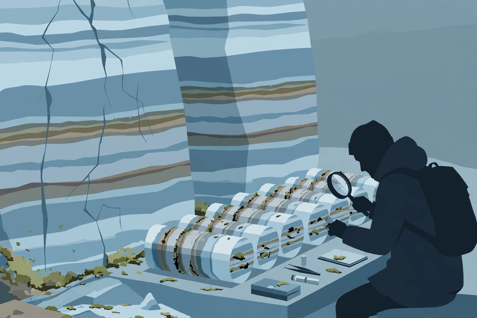Editorial illustration of a scientist examining ice core samples