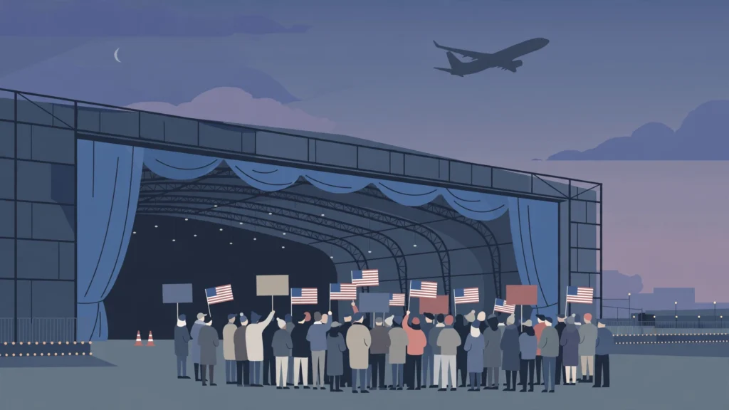 Editorial illustration of a campaign rally crowd outside an airport hangar at dusk