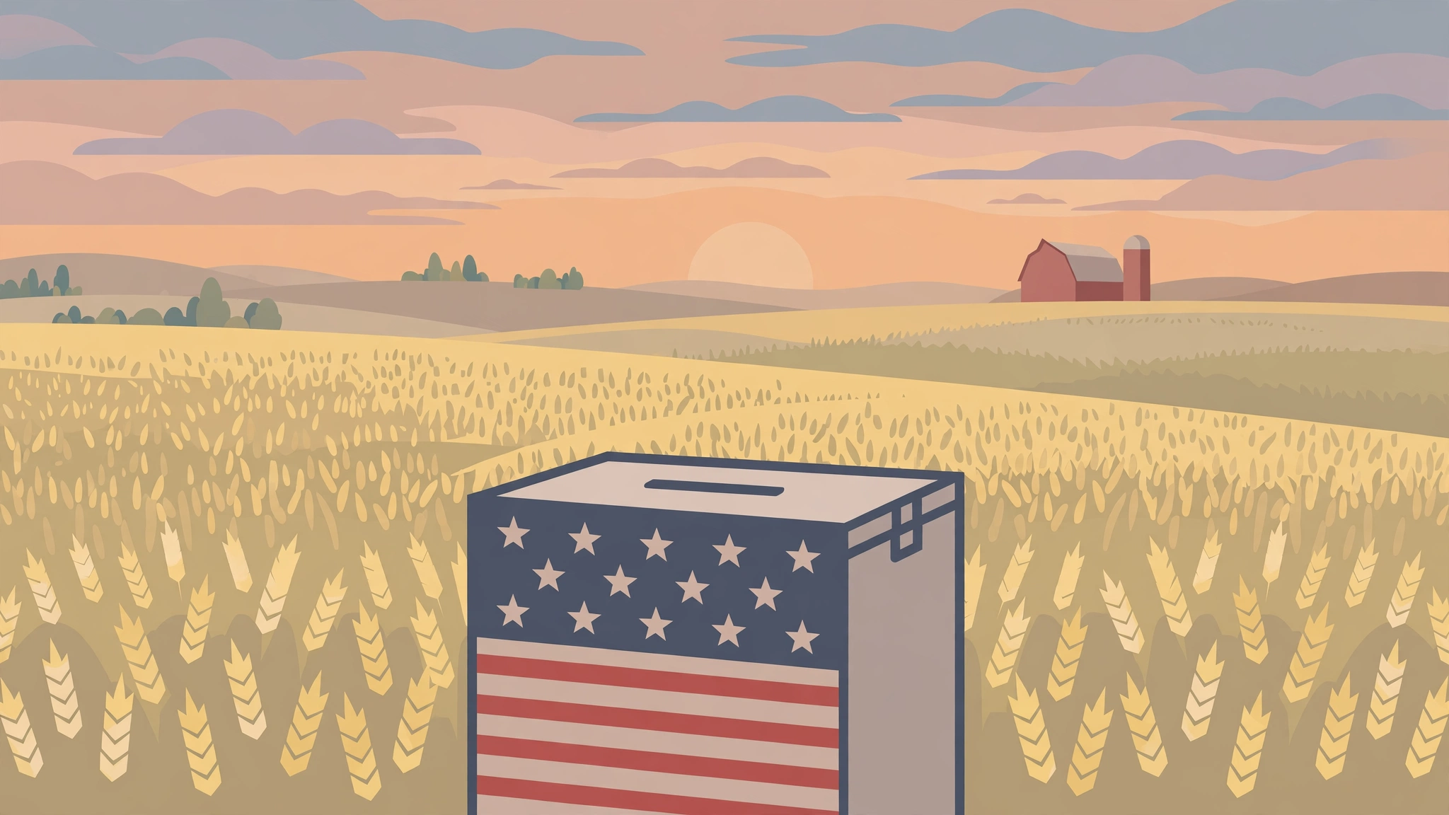 Editorial illustration of a ballot box in an Iowa wheat field