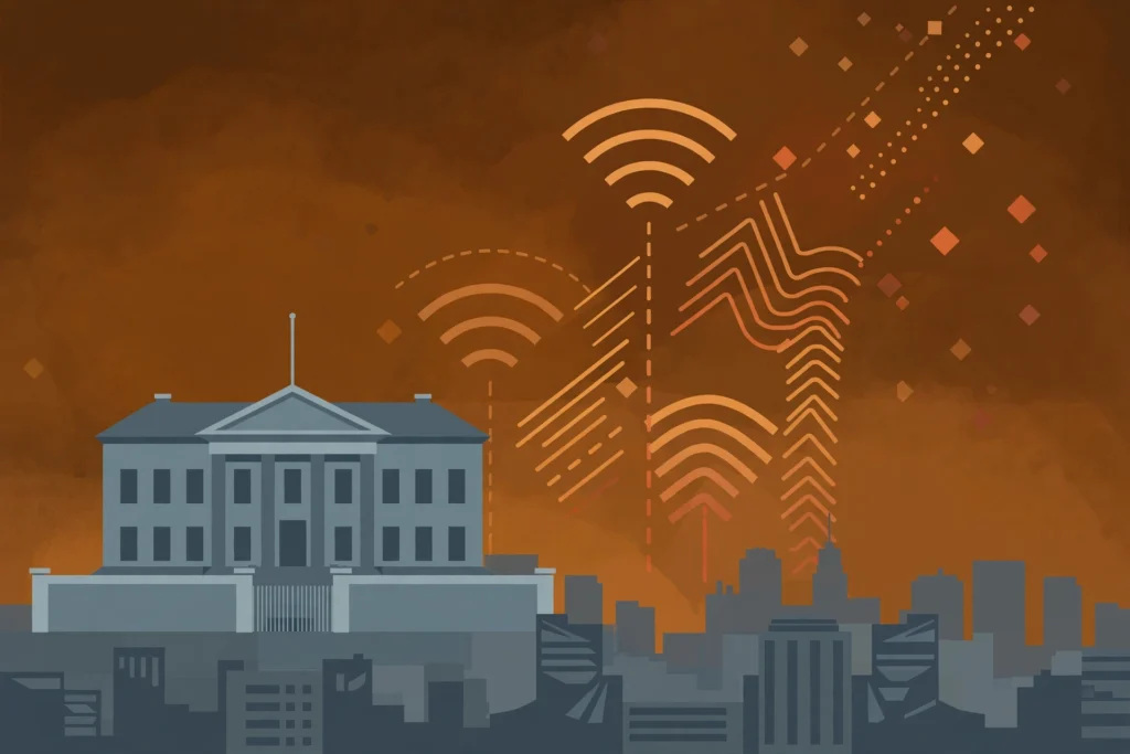 Editorial illustration of an embassy building under a dark amber sky with warning signals above a city skyline
