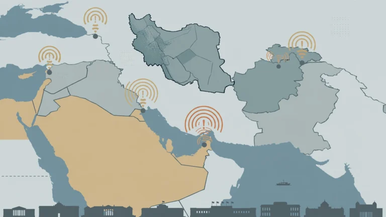 Editorial illustration of a Middle East map with warning signals