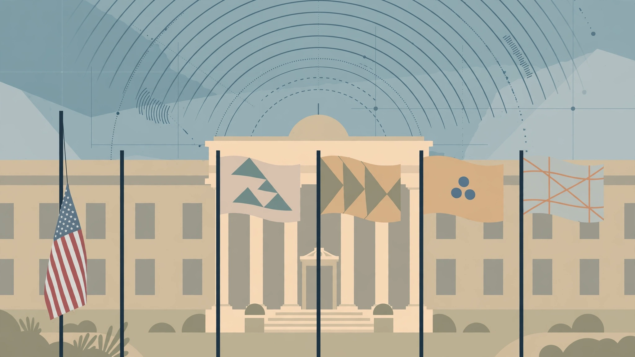 Editorial illustration of flags outside a government building with radar waves overhead