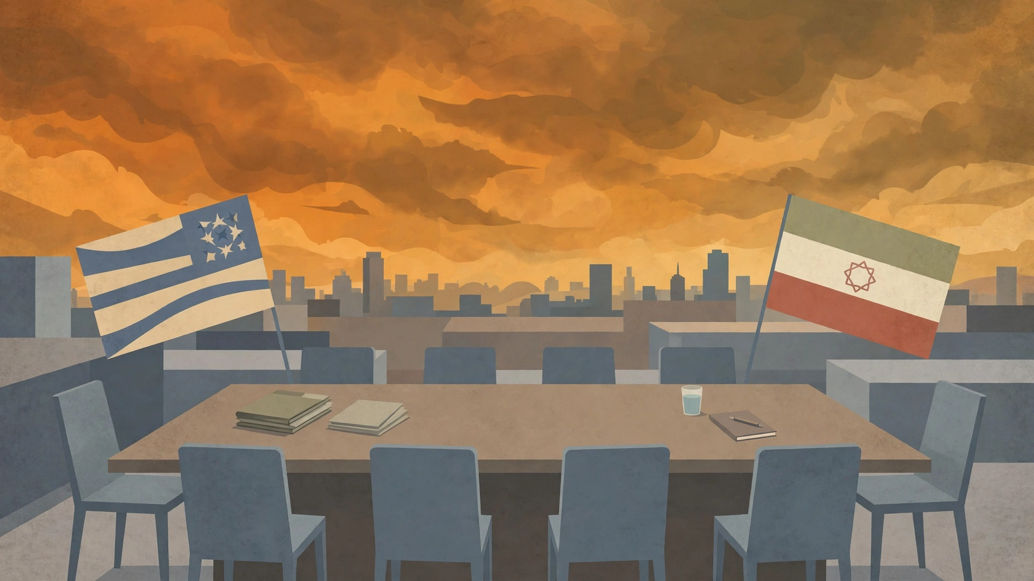 Editorial illustration of an empty diplomatic conference table with flags